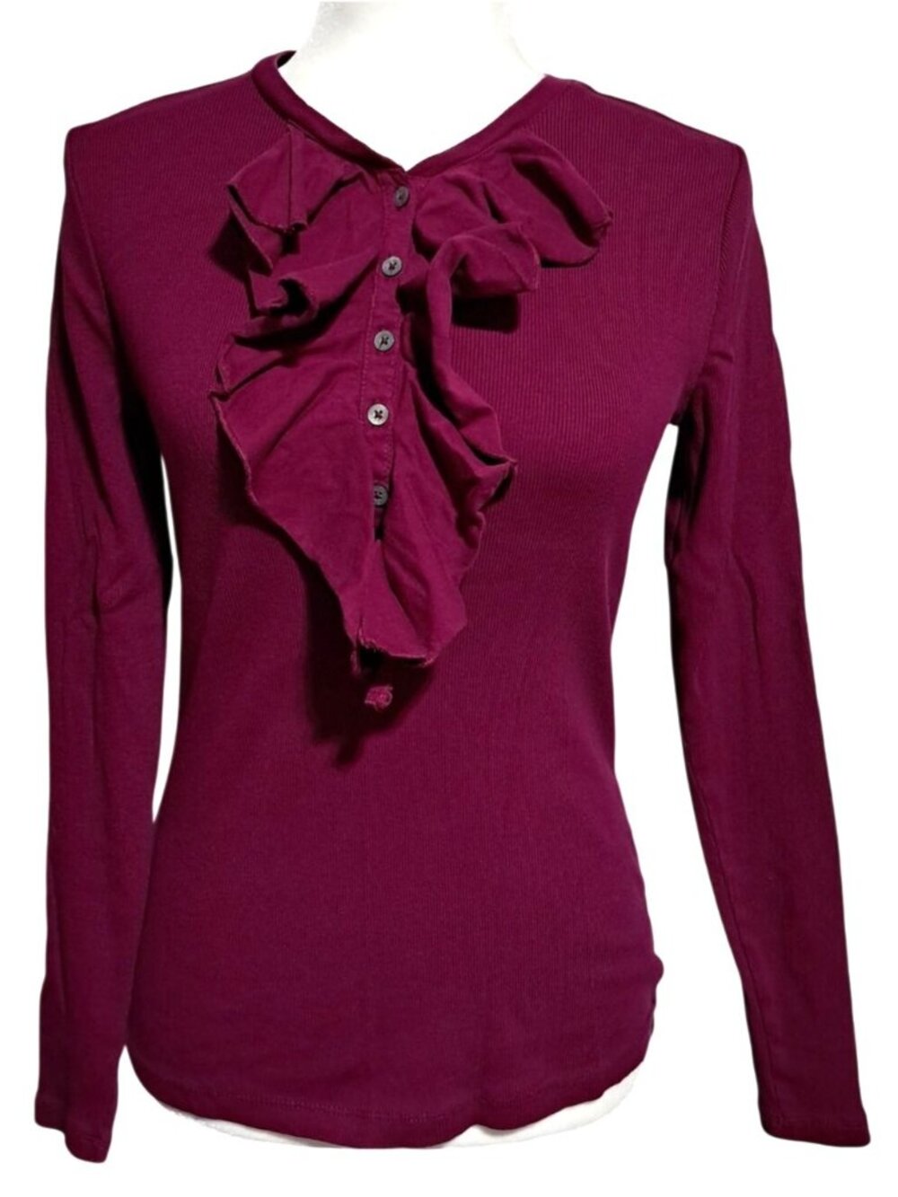 Lauren Ralph Lauren Henley Top Womens‎ M Ruffle Front  Long Sleeve Cotton Purple